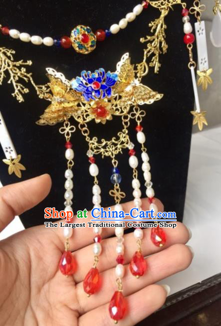 Top Grade Chinese Classical Ming Dynasty Golden Jewelry Accessories Handmade Ancient Hanfu Beads Tassel Necklace for Women