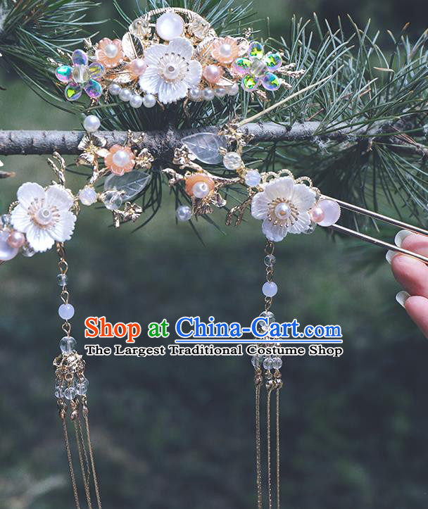 Chinese Classical Wedding Shell Flowers Hair Crown and Tassel Hairpins Handmade Traditional Bride Hair Accessories Complete Set