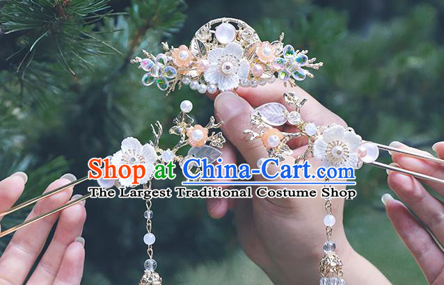 Chinese Classical Wedding Shell Flowers Hair Crown and Tassel Hairpins Handmade Traditional Bride Hair Accessories Complete Set
