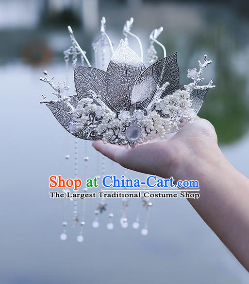 Chinese Classical Argent Leaf Tassel Hair Crown Handmade Traditional Court Hair Accessories