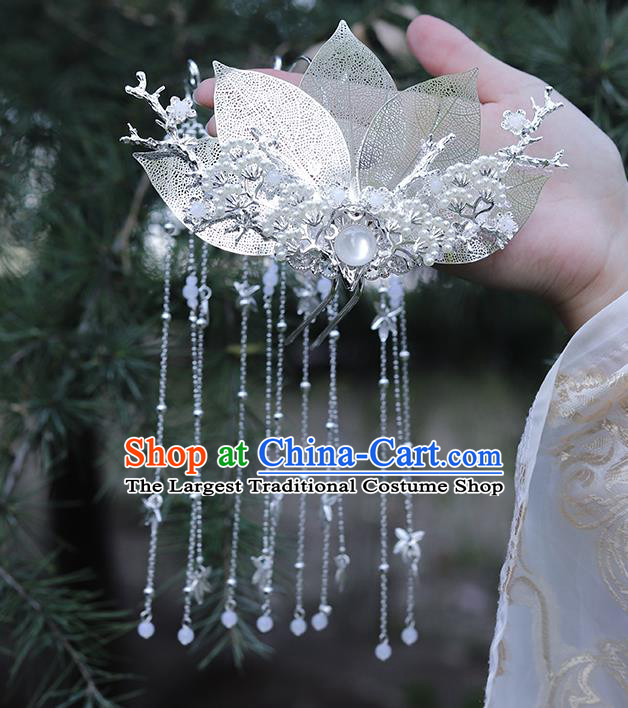 Chinese Classical Argent Leaf Tassel Hair Crown Handmade Traditional Court Hair Accessories