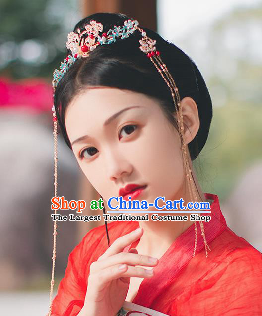 Chinese Classical Golden Tassel Hair Crown Hairpins Handmade Traditional Court Hair Accessories Pine Phoenix Coronet