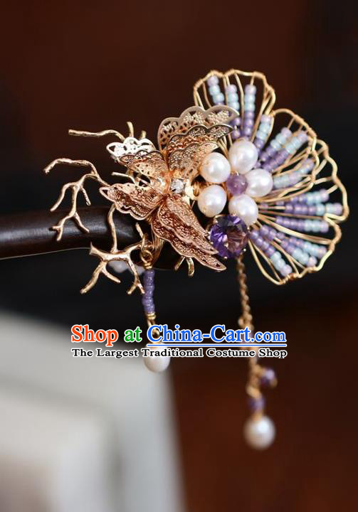 Handmade Chinese Cheongsam Purple Beads Hair Clip Traditional Hanfu Hair Accessories Golden Butterfly Ebony Hairpins for Women