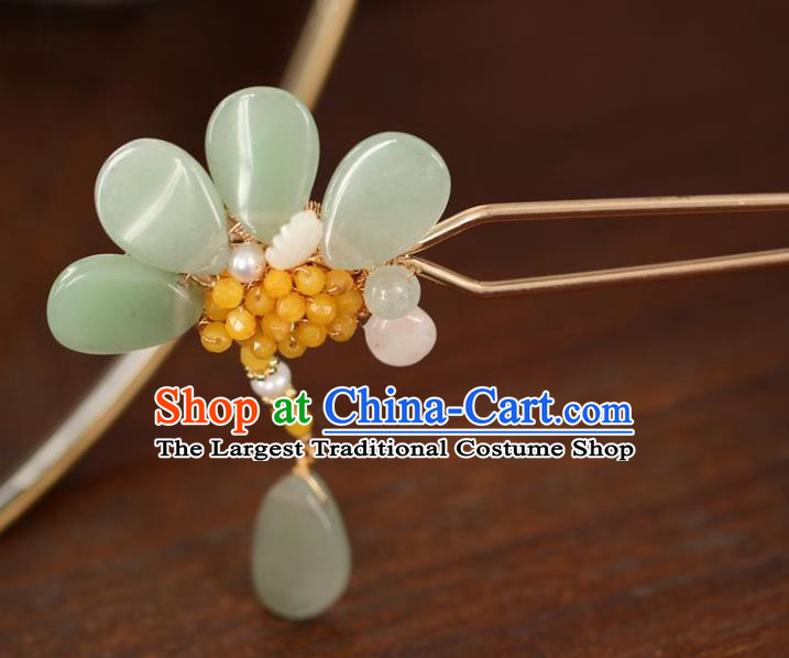 Handmade Chinese Cheongsam Green Jade Flower Hair Clip Traditional Hanfu Hair Accessories Beads Hairpins for Women