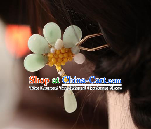 Handmade Chinese Cheongsam Green Jade Flower Hair Clip Traditional Hanfu Hair Accessories Beads Hairpins for Women