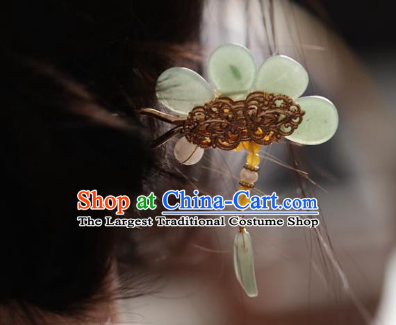 Handmade Chinese Cheongsam Green Jade Flower Hair Clip Traditional Hanfu Hair Accessories Beads Hairpins for Women
