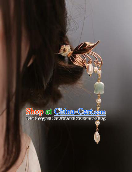 Handmade Chinese Cheongsam Convallaria Tassel Hair Clip Traditional Hanfu Hair Accessories Golden Leaf Hairpins for Women