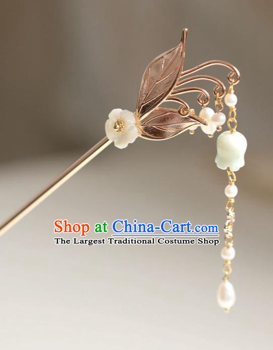 Handmade Chinese Cheongsam Convallaria Tassel Hair Clip Traditional Hanfu Hair Accessories Golden Leaf Hairpins for Women