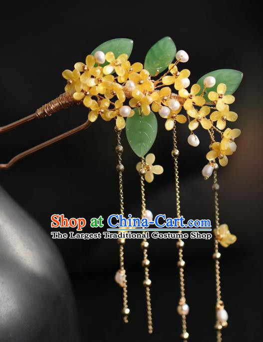 Handmade Chinese Cheongsam Yellow Fragrans Hair Clip Traditional Hanfu Hair Accessories Pearls Tassel Hairpins for Women