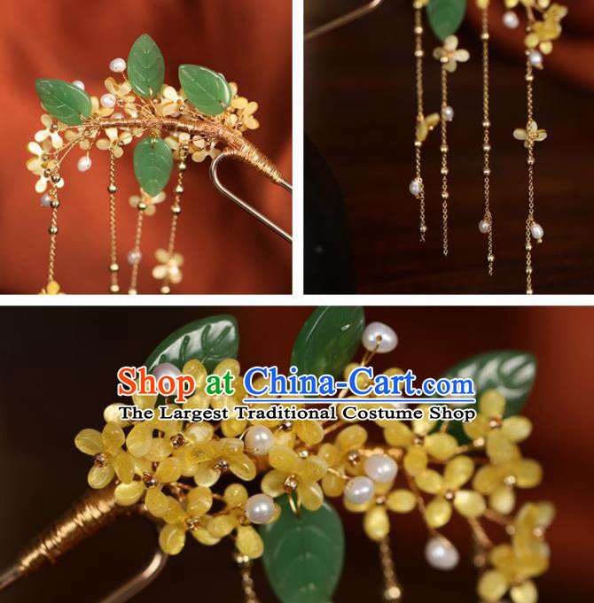 Handmade Chinese Cheongsam Yellow Fragrans Hair Clip Traditional Hanfu Hair Accessories Pearls Tassel Hairpins for Women