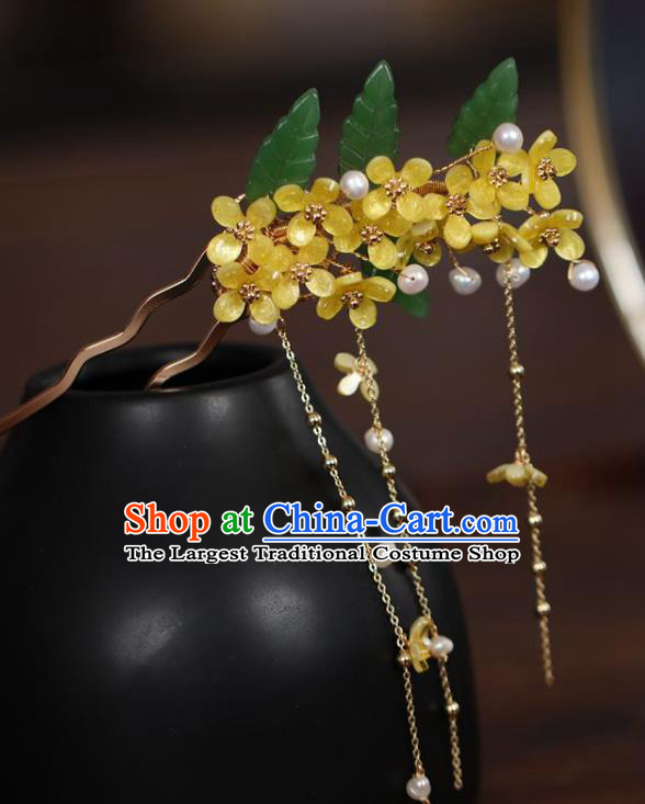 Handmade Chinese Cheongsam Yellow Fragrans Hair Clip Traditional Hanfu Hair Accessories Pearls Tassel Hairpins for Women