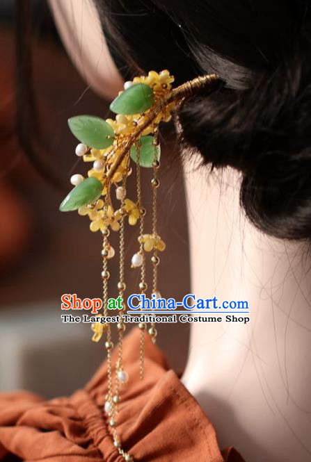 Handmade Chinese Cheongsam Yellow Fragrans Hair Clip Traditional Hanfu Hair Accessories Pearls Tassel Hairpins for Women