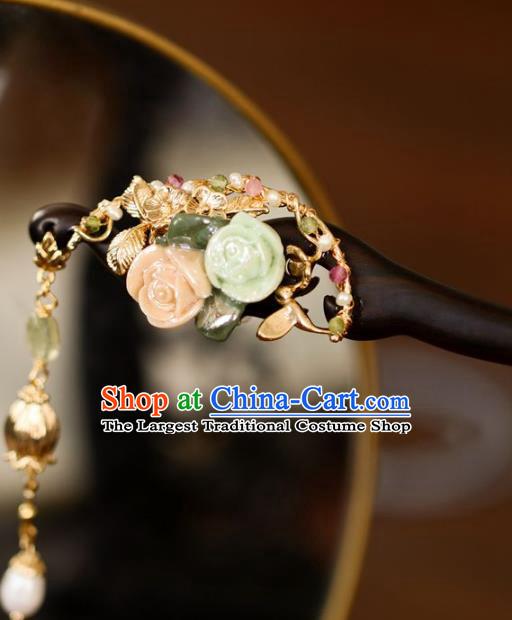 Handmade Chinese Cheongsam Ceramics Roses Hair Clip Traditional Hanfu Hair Accessories Ebony Hairpins for Women