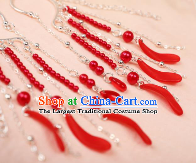 Traditional Chinese Red Beads Ear Accessories Handmade Tassel Eardrop Ancient Female Swordsman Earrings for Women