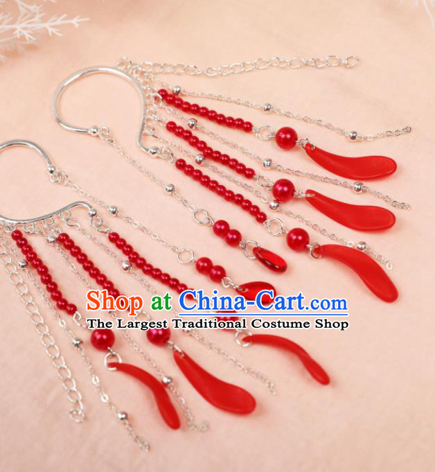 Traditional Chinese Red Beads Ear Accessories Handmade Tassel Eardrop Ancient Female Swordsman Earrings for Women