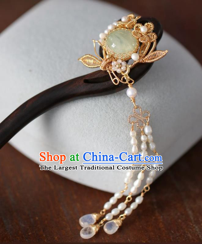 Handmade Chinese Cheongsam Chrysoprase Ebony Hair Clip Traditional Hanfu Hair Accessories Pearls Tassel Hairpins for Women