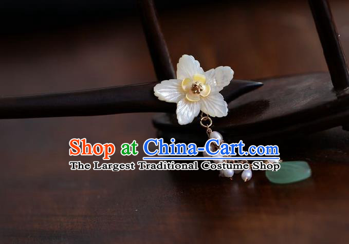 Handmade Chinese Cheongsam Pearls Tassel Shell Flower Hair Clip Traditional Hanfu Hair Accessories Ebony Hairpins for Women