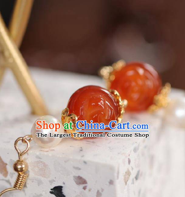 Chinese Handmade Hanfu Red Jade Earrings Traditional Ear Jewelry Accessories Classical Pearl Eardrop for Women
