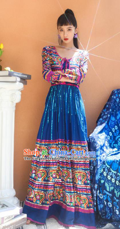Thailand Traditional Sequins Deep Blue Dress Asian Thai National Beach Dress Photography Costumes for Women