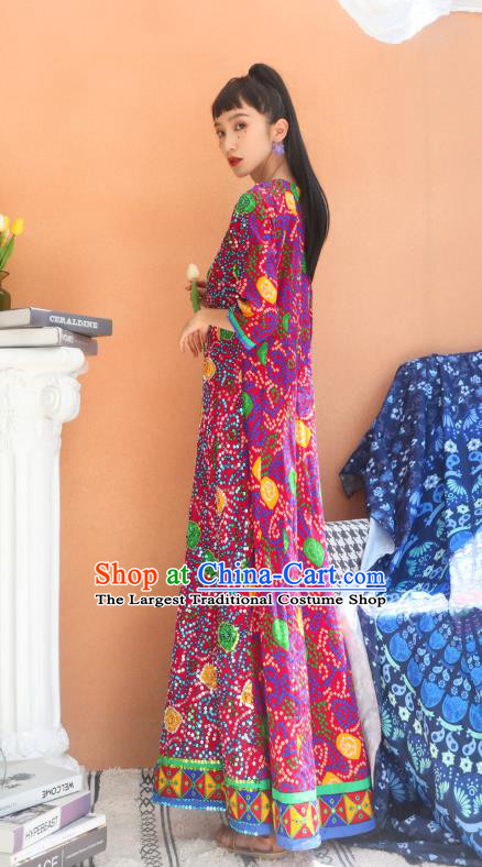 Thailand Traditional Sequins Magenta Dress Asian Thai National Beach Dress Photography Costumes for Women
