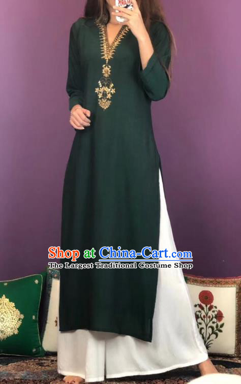 Thailand Traditional Dark Green Qipao Dress Asian Thai National Cotton Dress and Loose Pants Photography Costumes for Women