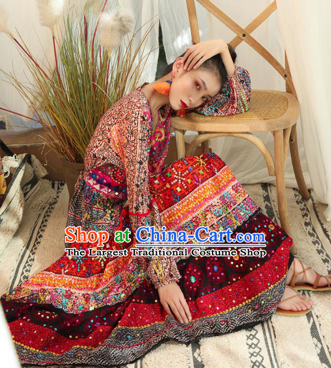 Thailand Traditional Embroidered Beads Maroon Dress Asian Thai Photography National Beach Dress Sequins Costumes for Women