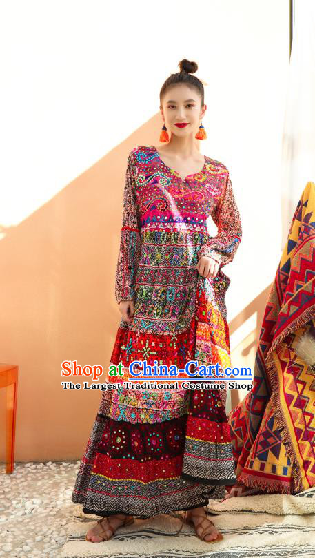 Thailand Traditional Embroidered Beads Maroon Dress Asian Thai Photography National Beach Dress Sequins Costumes for Women
