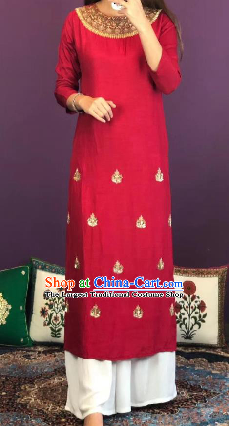 Thailand Traditional Kurta Dress Asian Thai National Embroidered Wine Red Cotton Dress and Loose Pants Photography Costumes for Women
