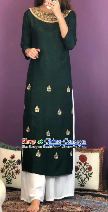 Thailand Traditional Kurta Dress Asian Thai National Embroidered Dark Green Cotton Dress and Loose Pants Photography Costumes for Women