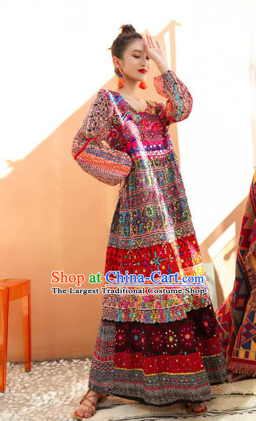 Thailand Traditional Embroidered Beads Maroon Dress Asian Thai Photography National Beach Dress Sequins Costumes for Women