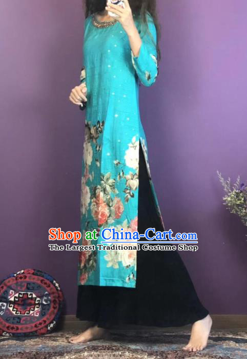 Thailand Traditional Printing Roses Kurta Dress Asian Thai National Blue Cotton Dress and Loose Pants Photography Costumes for Women