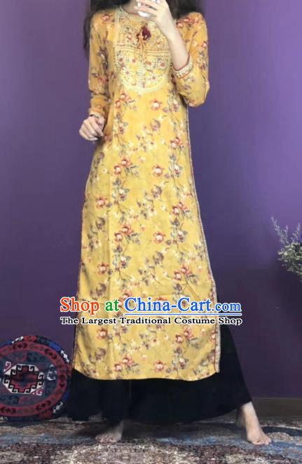 Thailand Traditional Printing Flowers Kurta Dress Asian Thai National Yellow Cotton Dress and Loose Pants Photography Costumes for Women