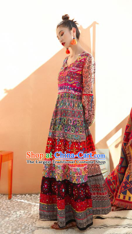 Thailand Traditional Embroidered Beads Maroon Dress Asian Thai Photography National Beach Dress Sequins Costumes for Women