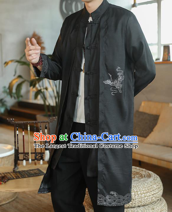 Chinese Traditional Embroidered Wave Black Dust Coat Tang Suit Overcoat Costumes Outer Garment for Men