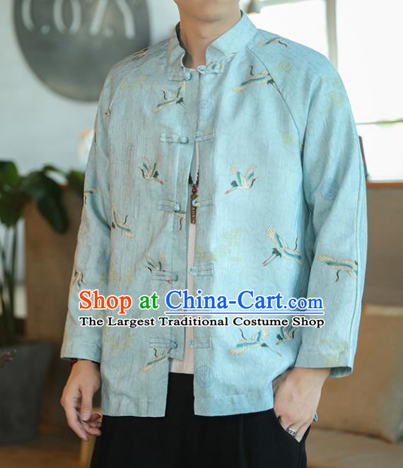 Chinese Traditional Printing Cranes Blue Flax Jacket Tang Suit Overcoat Outer Garment Costumes for Men