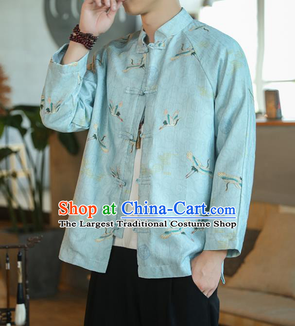 Chinese Traditional Printing Cranes Blue Flax Jacket Tang Suit Overcoat Outer Garment Costumes for Men