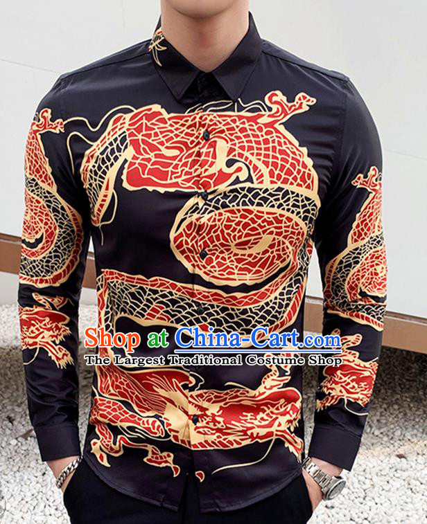 Chinese Traditional Dragon Pattern Black Shirt Tang Suit Upper Outer Garment Costumes Top Shellort for Men