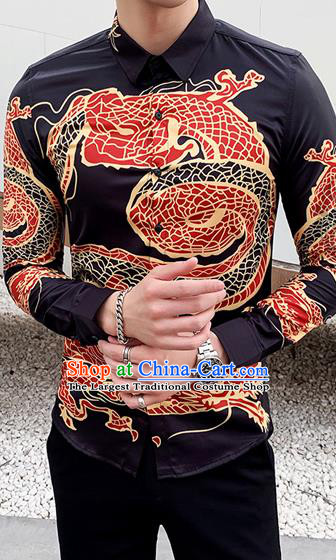 Chinese Traditional Dragon Pattern Black Shirt Tang Suit Upper Outer Garment Costumes Top Shellort for Men