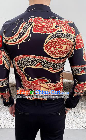 Chinese Traditional Dragon Pattern Black Shirt Tang Suit Upper Outer Garment Costumes Top Shellort for Men