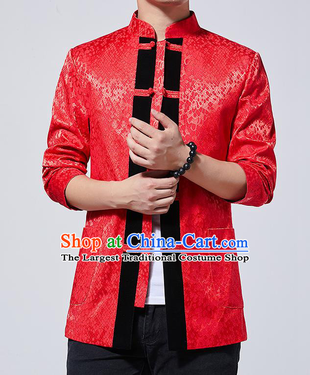 Chinese Traditional Sun Yat Sen Red Jacket Tang Suit Overcoat Outer Garment Costumes for Men
