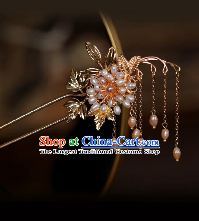 Handmade Chinese Cheongsam Pearls Flower Hair Clip Traditional Hanfu Hair Accessories Golden Tassel Hairpins for Women