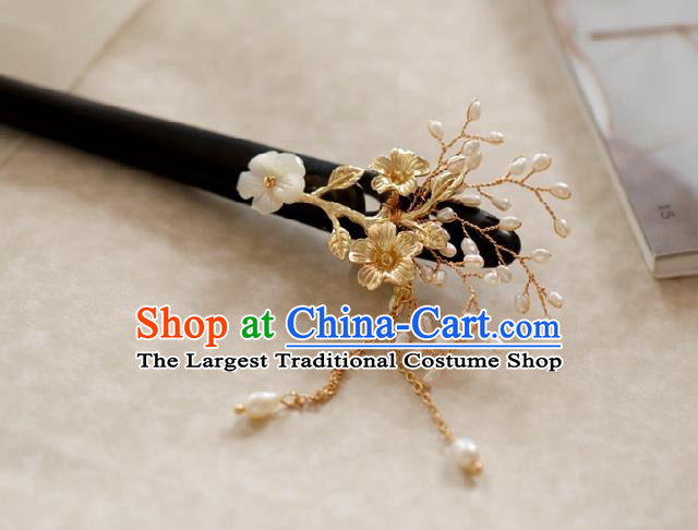 Chinese Cheongsam Ebony Hair Clip Traditional Hanfu Hair Accessories Handmade Shell Plum Tassel Hairpins for Women