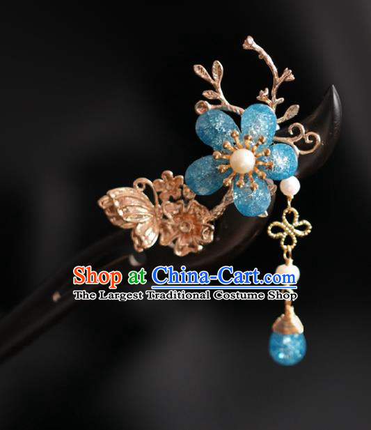 Chinese Cheongsam Blue Plum Ebony Hair Clip Traditional Hanfu Hair Accessories Handmade Golden Butterfly Hairpins for Women