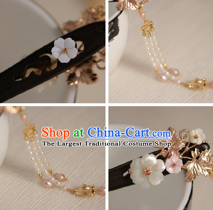 Chinese Cheongsam Pearls Tassel Ebony Hair Clip Traditional Hanfu Hair Accessories Handmade Shell Plum Hairpins for Women