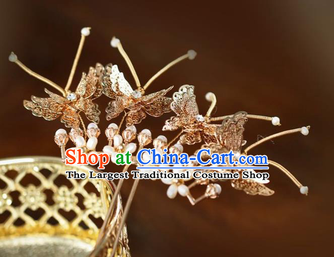 Handmade Chinese Cheongsam Pearls Hair Clip Traditional Hanfu Hair Accessories Golden Butterfly Hairpins for Women