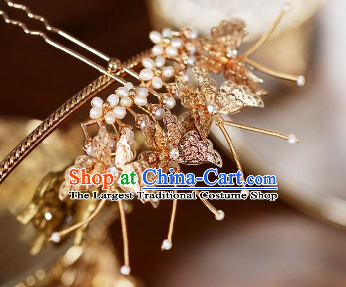 Handmade Chinese Cheongsam Pearls Hair Clip Traditional Hanfu Hair Accessories Golden Butterfly Hairpins for Women