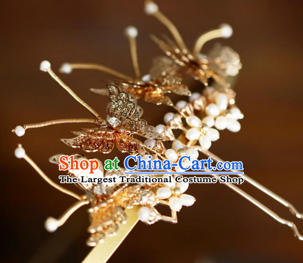 Handmade Chinese Cheongsam Pearls Hair Clip Traditional Hanfu Hair Accessories Golden Butterfly Hairpins for Women
