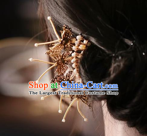Handmade Chinese Cheongsam Pearls Hair Clip Traditional Hanfu Hair Accessories Golden Butterfly Hairpins for Women