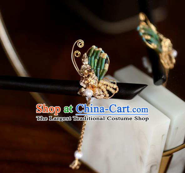 Handmade Chinese Cheongsam Ebony Hair Clip Traditional Hanfu Hair Accessories Beads Butterfly Tassel Hairpins for Women