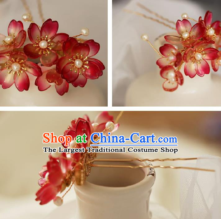 Chinese Cheongsam Red Peach Blossom Hair Clip Traditional Hanfu Hair Accessories Handmade Flowers Hairpins for Women